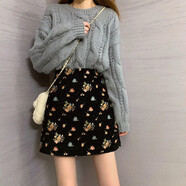 漢卿中夏大碼火半身裙秋冬碎花a字裙胖mm顯瘦梨形身材高腰包臀短裙200斤 黑色 XL (200)