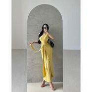 YoungGirlDay純欲氛圍感假兩件系帶收腰無(wú)袖包臀背心連衣裙長(cháng)裙 姜奶黃 M M