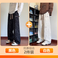 TUCANO男士加絨褲子秋冬季新款男士休閑褲寬松直筒燈芯絨潮流長(cháng)褲子男 黑色+米白 M (建議90-105斤)