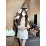 SZEL千金甜美小香風(fēng)翻領(lǐng)毛呢連衣裙女秋冬新款五分袖蝴蝶結收腰短裙 米杏色 S