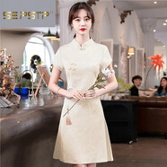 夏典素訂女王（SE.PSTP）胖仙女大碼女裝夏新款民族風(fēng)復古旗袍改良年輕款國風(fēng)刺繡連衣裙女 杏色 L 【  建議100-115斤】