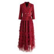 歐洲站2025年春季新款感西裝外套拼接網(wǎng)紗長(cháng)裙氣質(zhì)修身洋裝 酒紅色 XL XL