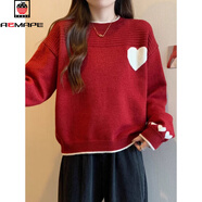AEMAPE圓領(lǐng)套頭愛(ài)心刺繡慵懶風(fēng)加絨加厚毛衣女秋冬大碼遮肚顯瘦針織上衣 紅色 L 【110--120斤】