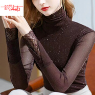 雅鹿歐洲站打底衫女網(wǎng)紗洋氣t恤2025年春秋新款氣質(zhì)高領(lǐng)蕾絲亮絲上衣 咖啡色 L 105-115斤