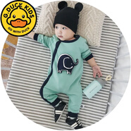 G.duck純棉男女寶寶連體衣春秋季哈幼童裝睡衣嬰兒衣服新生包屁衣外出穿 綠色小象 長(cháng)袖 春秋款 66cm 7-14斤