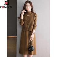 AEMAPE兩件套針織連衣裙女裝秋冬新款過(guò)膝顯瘦中長(cháng)款馬甲毛衣打底裙套裝 芥黃 S 85-100斤