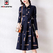 AEMAPE簡(jiǎn)約2026春夏季新款長(cháng)袖連衣裙中長(cháng)款藏青系帶抽褶顯瘦襯衫裙子 藏青色 L