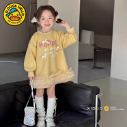 G.duck女童連衣裙秋冬款洋氣字母印花蝴蝶結加絨衛衣裙兒童網(wǎng)紗拼接裙子 黃色(一體絨) 80