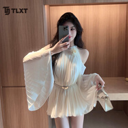 TLXT國際一線(xiàn)品牌夏季白色露肩掛脖雪紡衫女中長(cháng)款喇叭袖襯衫上衣含腰 奶白色 含花朵腰帶 S