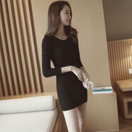 韓國秋冬毛衣女修身黑色緊身連衣裙針織包臀裙內搭中長(cháng)款打底衫潮 黑色 S S建議75-90斤