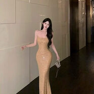 時(shí)尚感重工水鉆吊帶洋裝女裝夏季修身御姐生日宴會(huì )小禮服女 長(cháng)裙 S S