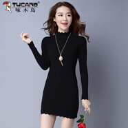 啄木鳥(niǎo)2026秋冬新款加絨加厚毛衣連衣裙女韓版針織緊身包臀洋氣打底衫女 黑色 S
