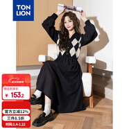 唐獅（TonLion）2024黑色v領(lǐng)拼接格紋連衣裙女復古針織格子裙氣質(zhì)長(cháng)裙 黑色 L 