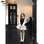 啄木鳥(niǎo)重磅款千金風(fēng)撞色網(wǎng)紗連衣裙女微胖大碼拼接荷葉邊裙子 短款連衣裙 XL