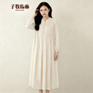子牧棉麻2026春裝 女通勤百搭休閑民族風(fēng)長(cháng)袖中長(cháng)款連衣裙Y 杏色 M (建議105斤以?xún)?