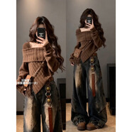 雪妃藍琪（XUEFEILANQI）褲子女秋冬季套裝2025新款新年戰袍一整套一字肩針織衫闊腿牛仔褲 咖色針織衫+牛仔闊腿褲【套裝】 M 【建議80-95斤】