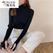 啄木鳥(niǎo)（TUCANO）秋冬加厚堆堆領(lǐng)修身漏手指打底洋氣百搭長(cháng)袖套頭毛衣女高領(lǐng)針織衫 黑色 XL