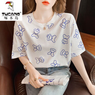 啄木鳥(niǎo)（TUCANO）歐洲站小熊印花短袖t恤女2025夏季新款時(shí)尚街頭洋氣夏裝寬松上衣 白色 S (建議80-95斤)