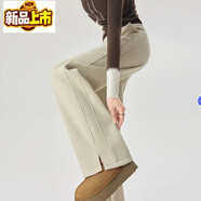 初徑紫淑大碼秋冬季女闊腿酷加絨加厚開(kāi)叉直筒休閑寬松毛呢闊腿褲 米杏色  長(cháng)褲/加絨 加厚 M