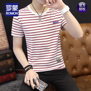 羅蒙（ROMON）夏季裝新款t恤男潮流修身圓領(lǐng)短袖條紋純棉春季長(cháng)袖打底衫上衣男 紅色 M