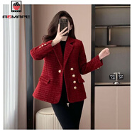 AEMAPE小香風(fēng)加厚紅色外套女2026秋冬裝新款名媛氣質(zhì)顯瘦西裝保暖上衣女 酒紅色【春秋款】 2XL 建議135-155斤