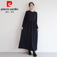 皮爾卡丹（pierre cardin）長(cháng)袖連衣裙秋冬季韓版新款氣質(zhì)長(cháng)裙女純色圓領(lǐng)寬松大裙擺過(guò)膝高腰 1208亂麻長(cháng)袖裙藏青 M 建議體重80-120斤