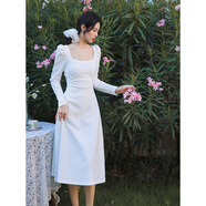 GARNUO白色長(cháng)袖連衣裙子女春秋法式小個(gè)子高級感禮服領(lǐng)證小白裙收腰長(cháng)裙 白色【長(cháng)袖】 XS 【80-100斤】