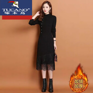 啄木鳥(niǎo)（TUCANO）加絨加厚針織連衣裙女中長(cháng)款過(guò)膝長(cháng)裙秋冬韓版長(cháng)袖蕾絲打底毛衣裙 【加絨加厚】黑色 XL 建議115-125斤