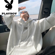 花花公子（PLAYBOY）網(wǎng)紅600G重磅加絨衛衣男秋冬季寬松大碼打底衫情侶裝顯瘦外套潮流 花灰色 L