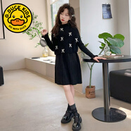 G.duck女童秋冬毛衣連衣裙洋氣紅色喜慶新年蝴蝶結針織馬甲公主裙兩件套 黑色 130 cm