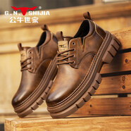 公牛世家（G.N.Shi Jia）皮鞋男士夏季真皮棕色英國休閑內增高厚底低幫工作靴 紅棕 38 標準運動(dòng)鞋碼