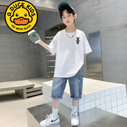 G.duck男童夏短袖套裝牛仔中褲6帥7九8十12歲男孩小學(xué)生T恤五分褲兩件套 白色 120 cm