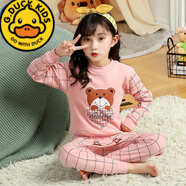 G.duck兒童睡衣純棉秋衣秋褲保暖內衣套裝中小女孩子春秋長(cháng)袖女童家居服 粉格子熊(中領(lǐng)) 150 cm 建議10-12歲