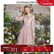 flowerscoming花兒開(kāi)了冬季新款法式復古網(wǎng)紗刺繡連衣裙女高腰顯瘦長(cháng)袖公主裙子 粉紫色 S