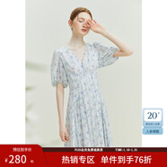 范思藍恩23FS12521茶歇法式雪紡碎花連衣裙女夏V領(lǐng)海邊度假長(cháng)裙子 白底紫花 M