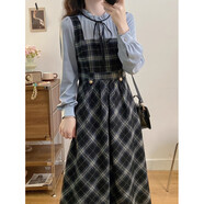 依樂(lè )琦大碼秋冬季長(cháng)袖裙毛呢格子裙女 灰藍色 加厚毛呢 3XL 建議160-180斤