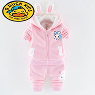 G.duck兒童加絨套裝1-2-3-5歲男女童冬裝嬰兒衣服女寶寶卡通套裝秋季潮4 加絨兔子粉 加厚 90 建議1-1.5歲左右寶