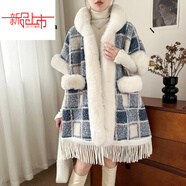 啄木鳥(niǎo)（TUCANO）旗袍披肩斗篷女秋冬季保暖紅色格子外搭加絨加厚毛呢披風(fēng)穿搭大衣 藍白格---【連帽披肩】 加絨