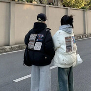 韓潮襲人（HAN CHAO XI REN）美式高街重磅字母刺繡保暖棉服男冬季cleanfit情侶款百搭寬松上衣 男黑+女杏【重磅刺繡棉服】 L 男L+女L
