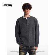 OEMG 美式亨利領(lǐng)紐扣套頭毛衣男士秋冬季寬松休閑圓領(lǐng)針織衫上衣外套 深灰 【高品質(zhì)】 M [建議90-100斤]