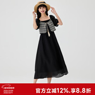 快魚(yú)復古時(shí)尚連衣裙2024新款女夏季假兩件設計拼接系帶泡泡袖長(cháng)裙 黑色 L