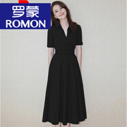 羅蒙（ROMON）官方高端夏高圓圓明星同款衣服黑色長(cháng)款連衣裙復古法式氣質(zhì)小黑裙 品牌旗艦黑色 L
