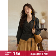 謎秀新年禮遇季早秋復古黑仿牛仔襯衫2025系帶短款高級感外套女 古銅色 復古黑 襯衫 M
