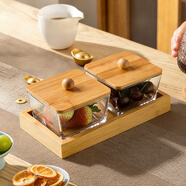 友來(lái)福點(diǎn)心盤(pán)簡(jiǎn)約玻璃水果盤(pán)帶蓋方形收納盒零食糖果家用客廳帶托盤(pán)兩格