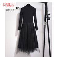 啄木鳥(niǎo)（TUCANO）小香風(fēng)黑色打底針織連衣裙女秋冬修身顯瘦純色百搭網(wǎng)紗拼接毛衣裙 黑色 【不規則下擺】 均碼 85-135斤