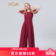 VOA40姆米重磅真絲雙面喬褶皺拼接可拆卸披肩闊腿桑蠶絲連體褲 KE561 紅梅傲雪（H8） L