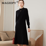 MAGIOPY高端品牌秋冬新款半高領(lǐng)中長(cháng)款羊絨衫連衣裙女顯瘦針織A字裙傘裙 黑色 M