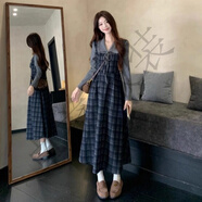 法式加厚套裝針織裙子大碼女秋冬赫本輕奢新年戰袍格紋毛呢連衣裙 黑色#8577 (格子) M 建議80-100斤