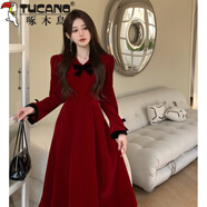 啄木鳥(niǎo)（TUCANO）法式絲絨紅色敬酒服裙子春秋大碼女裝高級感新年戰袍連衣裙 酒紅色 M 【85-100斤】
