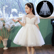 忻縈小花童禮服女童高端蓬蓬公主裙婚禮花童小孩主持人鋼琴演奏兒童演 白色禮服+頭紗(沒(méi)燈款) 110 (標準碼數/勿貪大)